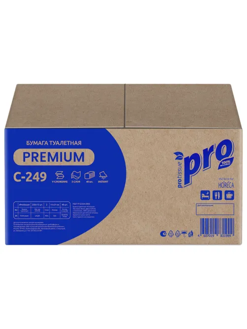 Бумага туалетная листовая 250 шт., PROtissue (T3) PREMIUM, 2-слойная, белая, 22,5х11 см, КОМПЛЕКТ 40 пачек, C249, С249