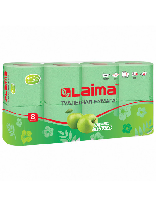 Бумага туалетная бытовая, спайка 8 шт., 2-х слойная, (8х19 м), LAIMA, аромат яблока, 128723