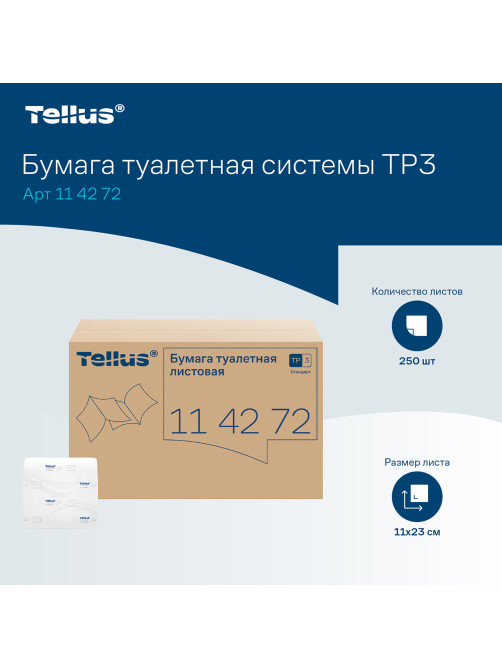 Бумага туалетная Tellus/TORK (Система Т3) UNIVERSAL, КОМПЛЕКТ 40 шт., листовая, 250 л., 11х23 см, 1-слойная, 114272