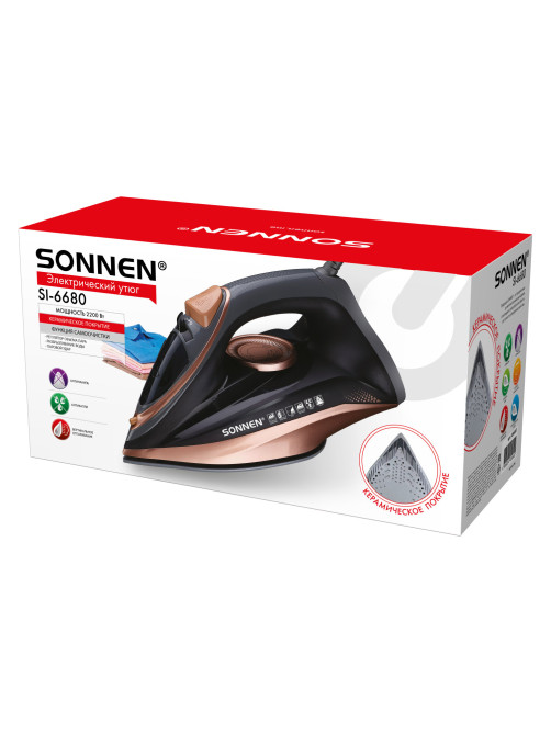 Утюг паровой SONNEN SI-6680, 2200 Вт, керамическое покрытие, антикапля, черный/розовый, 456997