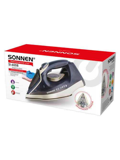 Утюг паровой SONNEN SI-6008, 2200 Вт, керамическое покрытие, антикапля, серебристый/золотой, 456998