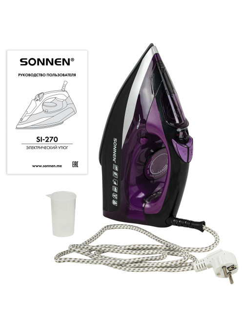 Утюг SONNEN SI-270, 2600 Вт, керамическое покрытие, антикапля, антинакипь, черный/фиолетовый, 455280