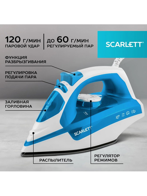 Утюг SCARLETT SC-SI30P17, 2200 Вт, антипригарное покрытие, антинакипь, самоочистка, белый/синий