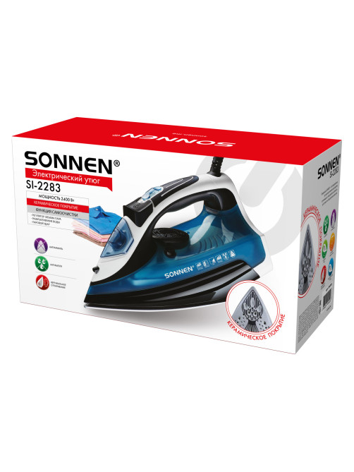 Утюг паровой SONNEN SI-2283, 2400 Вт, керамическое покрытие, антикапля, антинакипь, cиний, 456995