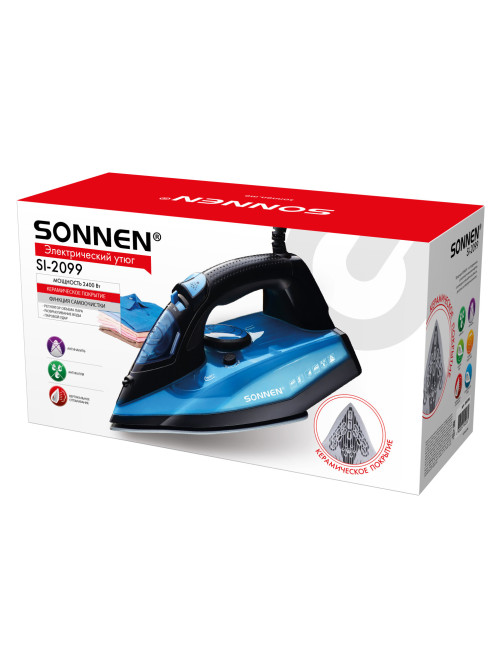 Утюг паровой SONNEN SI-2099, 2400 Вт, керамическое покрытие, антикапля, антинакипь, синий, 456996