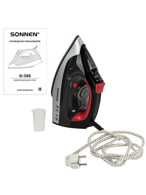 Утюг SONNEN SI-588, 2200 Вт, керамическое покрытие, паровой удар, черный/красный, 455279