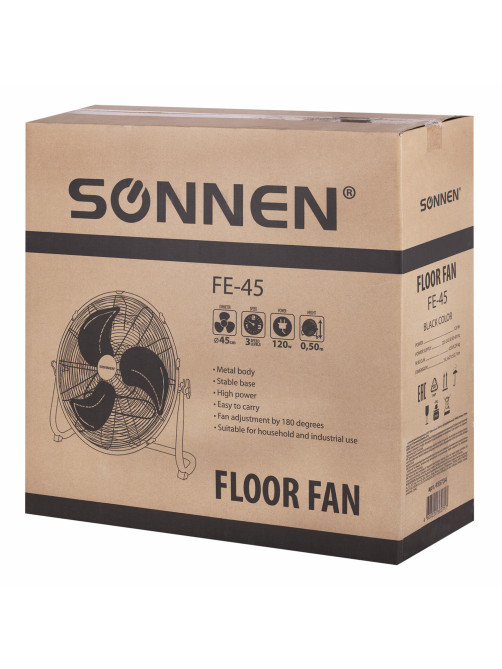 Вентилятор напольный ПОВЫШЕННОЙ МОЩНОСТИ SONNEN FE-45A, d=45 см, 120 Вт, 3 скорости, черный, 455734