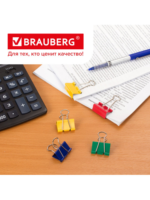 Зажимы для бумаг BRAUBERG, КОМПЛЕКТ 24 шт., 32 мм, на 140 листов, цветные, в пластиковом цилиндре, 221129