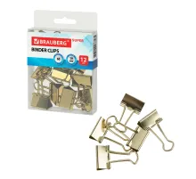 Зажимы для бумаг BRAUBERG EXTRA, КОМПЛЕКТ 12 шт., 19 мм, на 60 л., золотистые, европодвес, 229586