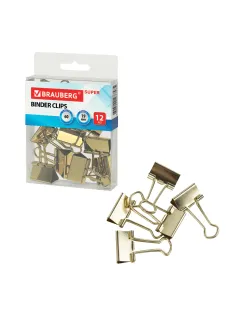 Зажимы для бумаг BRAUBERG EXTRA, КОМПЛЕКТ 12 шт., 19 мм, на 60 л., золотистые, европодвес, 229586