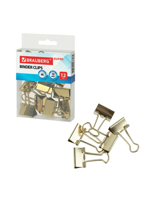 Зажимы для бумаг BRAUBERG EXTRA, КОМПЛЕКТ 12 шт., 19 мм, на 60 л., золотистые, европодвес, 229586