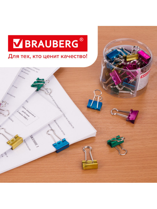Зажимы для бумаг BRAUBERG, КОМПЛЕКТ 40 шт., 19 мм, на 60 листов, цвет металлик, пластиковый цилиндр, 223504