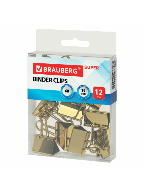 Зажимы для бумаг BRAUBERG EXTRA, КОМПЛЕКТ 12 шт., 19 мм, на 60 л., золотистые, европодвес, 229586