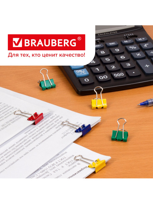 Зажимы для бумаг BRAUBERG, КОМПЛЕКТ 12 шт., 19 мм, на 60 листов, цветные, картонная коробка, 224470