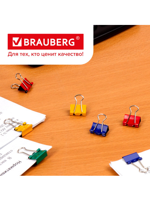 Зажимы для бумаг BRAUBERG, КОМПЛЕКТ 12 шт., 15 мм, на 45 листов, цветные, картонная коробка, 224469