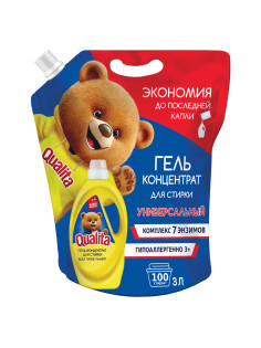 Гель для стирки универсальный 3 л, QUALITA, для всех типов тканей, концентрат, дой-пак, 11435