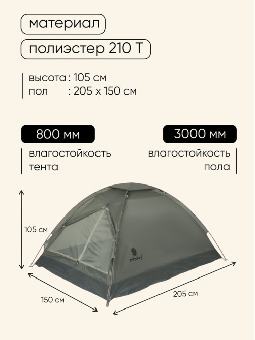 Палатка туристическая 2-местная maclay fisht se 2, 205×150×105 см, трекинговая, однослойная, зелёная