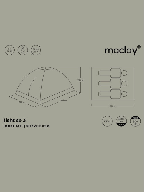 Палатка туристическая 3-местная maclay fisht se 3, 205×180×120 см, трекинговая, однослойная, зелёная