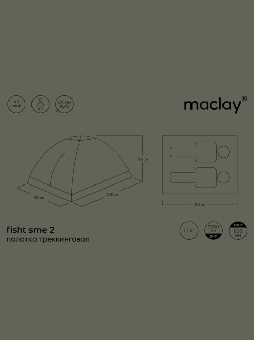 Палатка туристическая 2-местная maclay fisht sme 2, 205×150×105 см, трекинговая, однослойная, МИКС