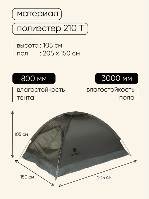 Палатка туристическая 2-местная maclay fisht te 2, 205×150×105 см, трекинговая, однослойная, зелёная