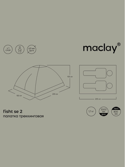 Палатка туристическая 2-местная maclay fisht se 2, 205×150×105 см, трекинговая, однослойная, зелёная