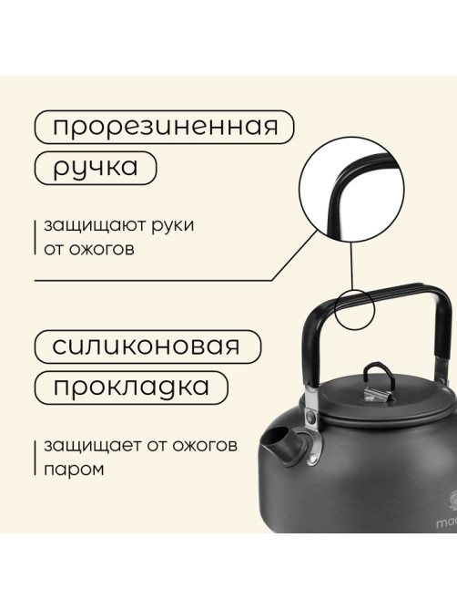 Набор туристической посуды maclay: чайник, кастрюля, сковорода, 3 чашки, черпак, лопатка, губка