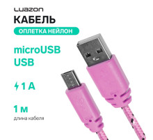 Кабель Luazon, microUSB - USB, 1 А, 1 м, оплётка нейлон, розовый