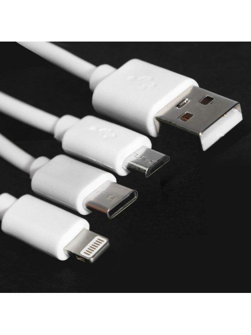 Кабель Windigo, 3 в 1, microUSB/Lightning/Type-C - USB, 2 А, PVC оплетка, 1 м, белый