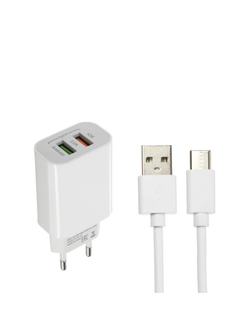 Сетевое зарядное устройство Luazon LCC-96, 2 USB, 2 A, кабель Type-C, белое
