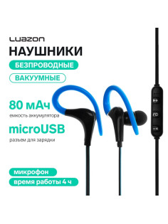 Наушники спортивные беспроводные, Luazon VBT 1.12, вакуумные, Bluetooth 4.1, с микрофоном, 80 мАч, чёрно-синие