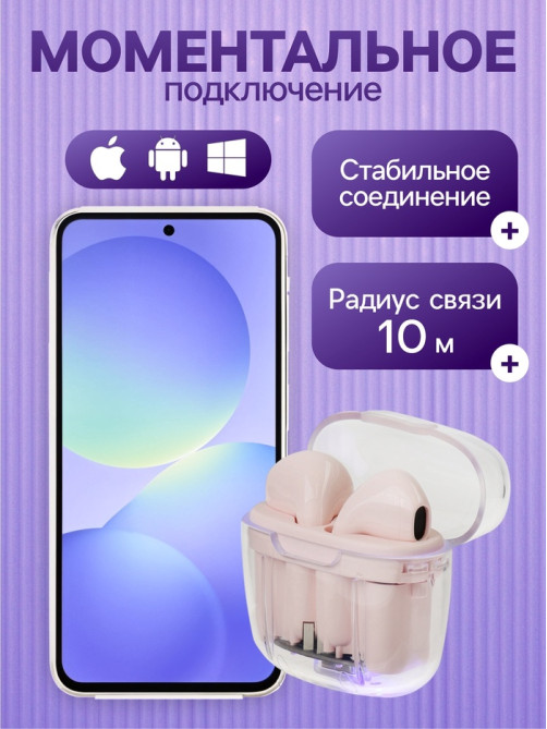 Наушники беспроводные Mybit Pro13, TWS вкладыши, Bluetooth 5.0, 30/180 мАч, розовые в прозрачном кейсе