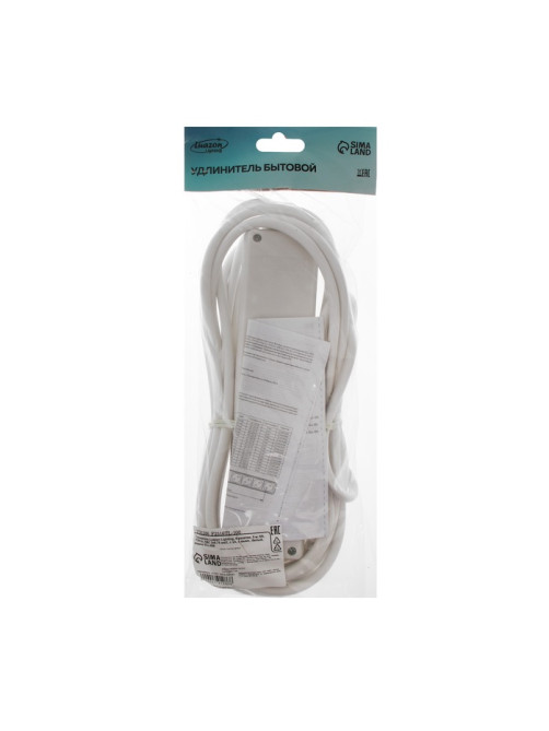 Удлинитель Luazon Lighting, 4 розетки, 5 м, 6 А, 1300 Вт, 3×0.75 мм2, с заземлением, с выключателем, белый