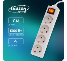 Удлинитель Luazon Lighting, 4 розетки, 7 м, 10 А, 2200 Вт, 3×0.75 мм2, с заземлением, с выключателем, белый