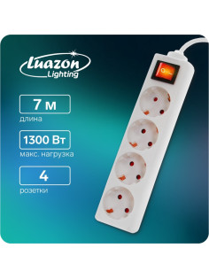 Удлинитель Luazon Lighting, 4 розетки, 7 м, 10 А, 2200 Вт, 3×0.75 мм2, с заземлением, с выключателем, белый