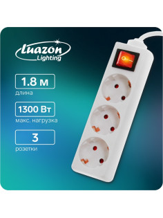 Удлинитель Luazon Lighting, 3 розетки, 1.8 м, 10 А, 2200 Вт, 3×0.75 мм2, с заземлением, с выключателем, белый