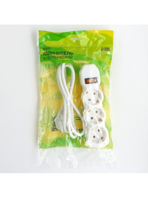 Удлинитель Luazon Lighting ECO, 3 розетки, 1.5 м, 16 А, 3500 Вт, ПВС 3×1 мм2, с заземлением, с выключателем