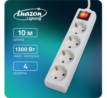 Удлинитель Luazon Lighting, 4 розетки, 10 м, 10 А, 2200 Вт, 3×0.75 мм2, с заземлением, с выключателем, белый