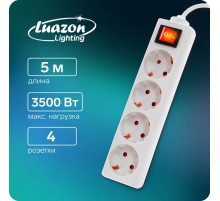 Удлинитель Luazon Lighting, 4 розетки, 5 м, 16 А, 3500 Вт, 3×1.5 мм2, с заземлением, с выключателем,