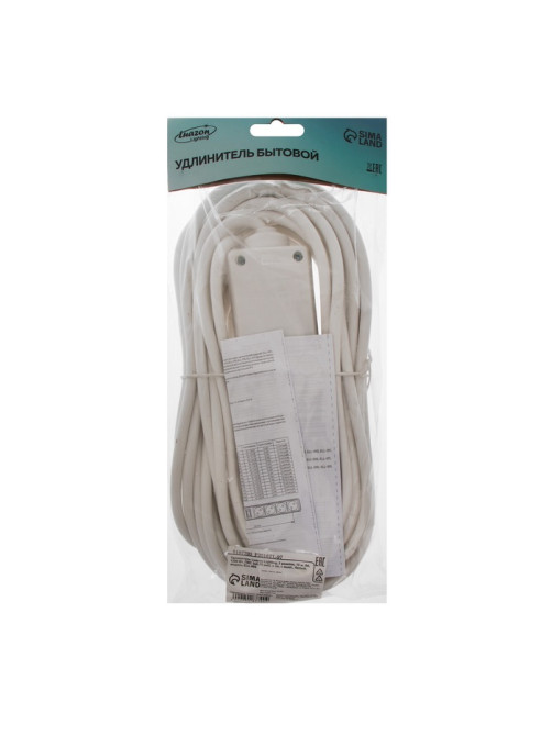 Удлинитель Luazon Lighting, 3 розетки, 10 м, 6 А, 1300 Вт, 3×0.75 мм2, с заземлением, с выключателем, белый