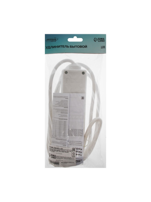 Удлинитель Luazon Lighting, 3 розетки, 1.8 м, 10 А, 2200 Вт, 3×1.5 мм2, с заземлением, с выключателем, белый