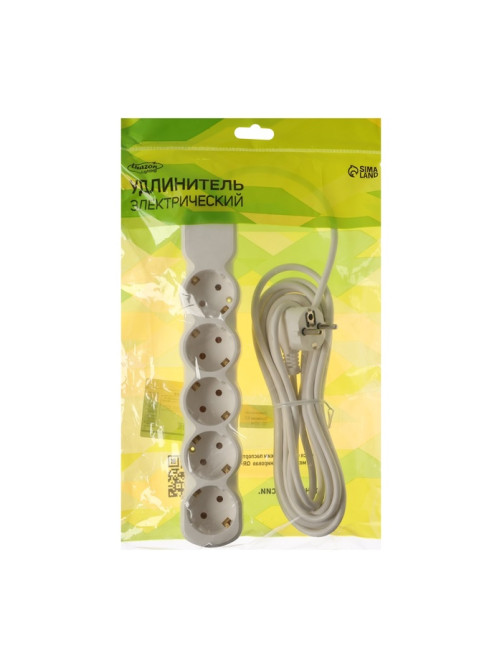 Удлинитель Luazon Lighting ECO, 5 розеток, 5 м, 10 А, 2200 Вт, ПВС 3×0.75 мм2, с заземлением, белый