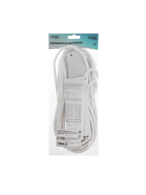 Удлинитель Luazon Lighting, 4 розетки, 7 м, 10 А, 2200 Вт, 3×0.75 мм2, с заземлением, с выключателем, белый
