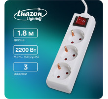 Удлинитель Luazon Lighting, 3 розетки, 1.8 м, 10 А, 2200 Вт, 3×1.5 мм2, с заземлением, с выключателем, белый