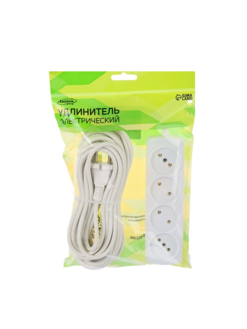 Удлинитель Luazon Lighting ECO, 4 розетки, 10 м, 10 А, 2200 Вт, ПВС 2×0.75 мм2, без заземления, белый