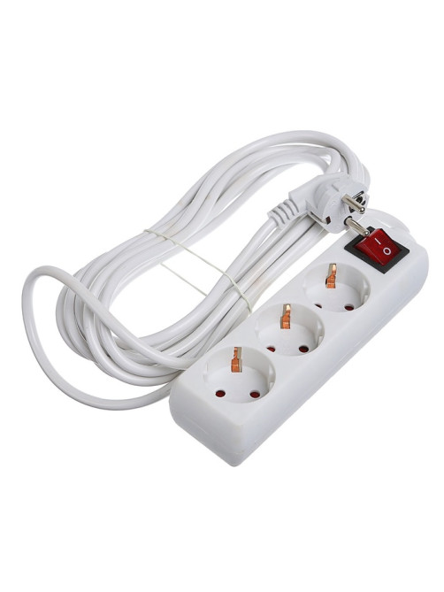 Удлинитель Luazon Lighting, 3 розетки, 5 м, 6 А, 1300 Вт, 3×0.75 мм2, с заземлением, с выключателем, белый