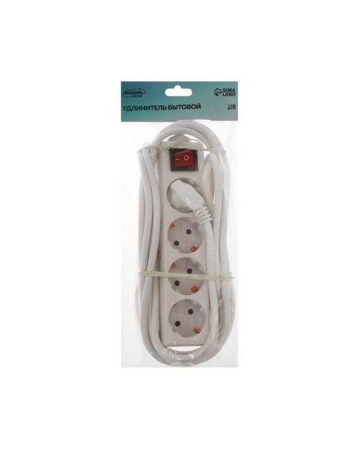 Удлинитель Luazon Lighting, 4 розетки, 5 м, 16 А, 3500 Вт, 3×1.5 мм2, с заземлением, с выключателем,