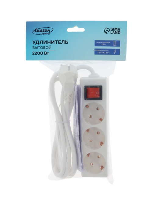 Удлинитель Luazon Lighting, 3 розетки, 1.8 м, 10 А, 2200 Вт, 3×0.75 мм2, с заземлением, с выключателем, белый