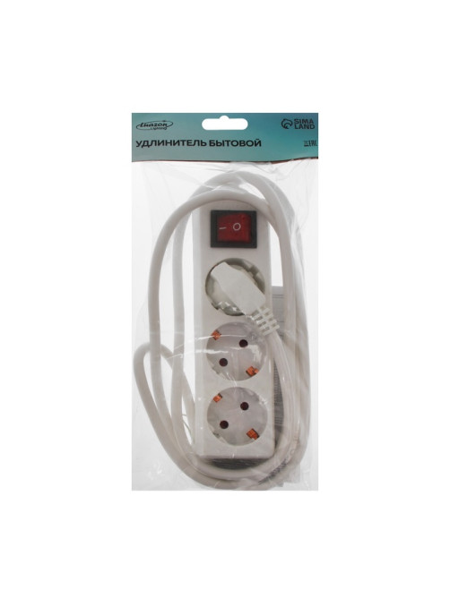 Удлинитель Luazon Lighting, 3 розетки, 1.8 м, 10 А, 2200 Вт, 3×1.5 мм2, с заземлением, с выключателем, белый