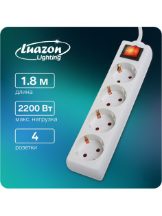 Удлинитель Luazon Lighting, 4 розетки, 1.8 м, 10 А, 2200 Вт, 3×1.5 мм2, заземление, выключатель