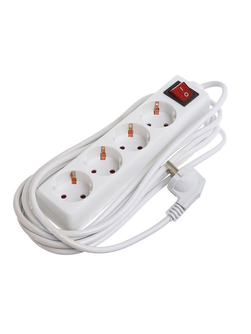 Удлинитель Luazon Lighting, 4 розетки, 5 м, 6 А, 1300 Вт, 3×0.75 мм2, с заземлением, с выключателем, белый